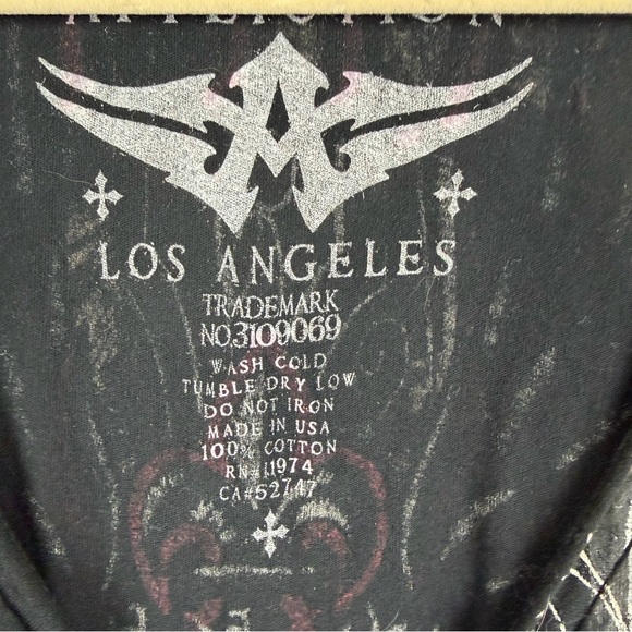 Affliction Black Long Sleeve V-Neck Cross Graphic Y2K Gothic Rock Biker Top Sz L - Picture 4 of 7